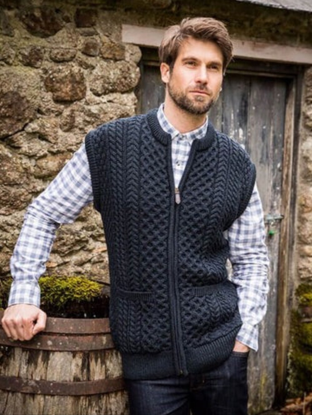 The Irish Store Aran Gillet Fisherman Knit Vest Charcoal Grey Zip Chunky L Wool